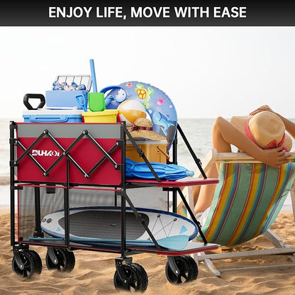 Double Decker Wagon 320L Large Capacity 400LBS Collapsible Sports Utility Cart with Big Wheels,Double Extended Tailgate Heavy Duty Folding Wagon Cart for Groceries,Camping,Outdoor-Rose Pink