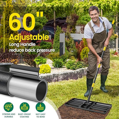 Lawn Leveling Rake, 30x10 Heavy Duty Leveler Tool for Yard, 5FT Garden Rakes for Lawns with Adjustable Handle, Foldable Leveling Rake for Soil Sand