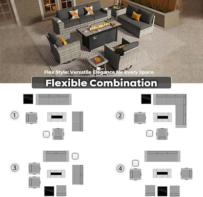 ovios 10 Pieces Patio Furniture Set, Outdoor Wicker Sectional Sofa with 54" Fire Pit Table Swivel Chairs, Modern Modular Deep Seat Rattan Couch Conversation Sets, Black