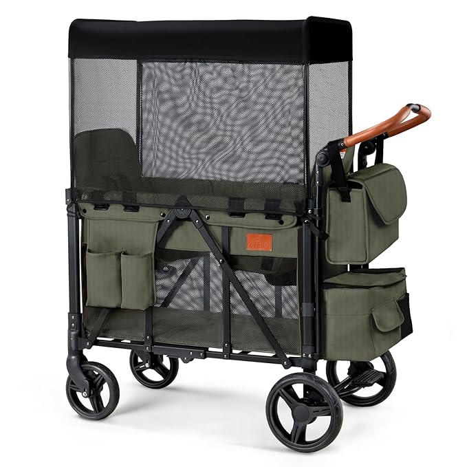 Wagon Stroller for 2 Kids, High Seat & 5 Point Harness, Foldable All-Terrain Wagon for Toddler with Canopy, Parent Organizer, Shoulder Bag, Adjustable Handlebar, Ultimate Double (Green)