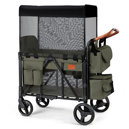 Wagon Stroller for 2 Kids, High Seat & 5 Point Harness, Foldable All-Terrain Wagon for Toddler with Canopy, Parent Organizer, Shoulder Bag, Adjustable Handlebar, Ultimate Double (Green)