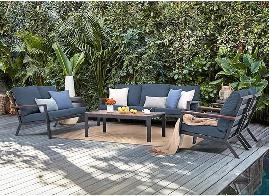 Soleil Jardin Aluminum Patio Furniture Set with FSC Certified Solid Wood Top Armrest & Coffee Table, Outdoor Deep Seating Sectional Sofa, 5 Piece Conversation Sets w/Removable Cushion, Denim Blue