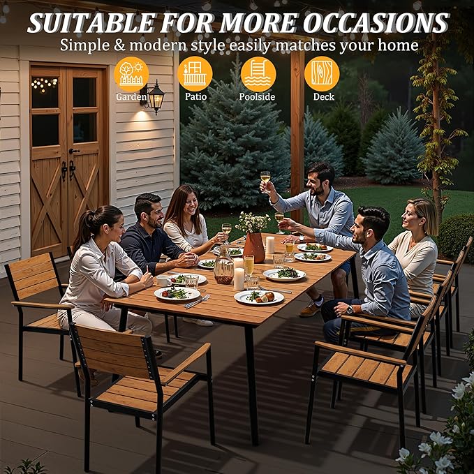 Outdoor Dining Table for 8-10, 94.5 inch Patio Dining Table with Wooden-Like Top and Aluminum Frame, Rectangular Table with Umbrella Hole Outdoor Furniture, Brown