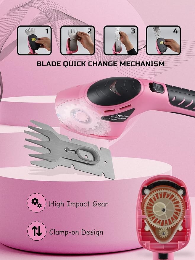 Lichamp 2-in-1 Electric Hand Held Grass Shear Pink Hedge Trimmer Shrubbery Clipper Cordless Battery Powered Rechargeable for Garden and Lawn, CGS3602PK Pink