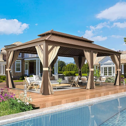EROMMY 12' x 20' Gazebo Hardtop Double Roof Galvanized Steel Canopy with Netting and Curtains Outdoor Aluminum Frame Permanent Metal Pavilion for Patio Backyard Deck and Lawns