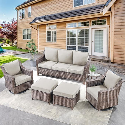 Outdoor Patio Wicker Swivel Chairs - Set of 2 Outside Resin Rattan Rocker Glider Gliding Chair Rocking Armchairs for Front Porch Balcony Backyard Yard Deck Poolside Apartment – Brown/Beige