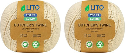 Organic Butcher’s Twine for Cooking & Trussing – 1.2mm Heavy-Duty Natural Cotton Kitchen Twine 400 Feet – Food-Safe, Oven-Safe String for Meat, Turkey, Baking, & Crafts