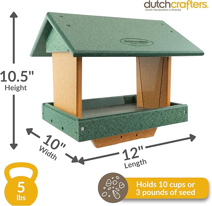 DutchCrafters Poly Large Hopper Bird Feeder Post Mount for 4" x 4", Wild Songbird Bird Seed Feeder for Outdoor, Outside, Garden, Yard - Amish Made in USA (Post Mount, Turf Green & Cedar)