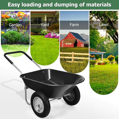 ERGOMASTER Dual-Wheel Wheelbarrow, Home Utility Garden Cart, 330 LBS Capacity, Large Heavy Duty Yard Cart for Gardening & Planting, Lawn, Farm, Construction Site, Black