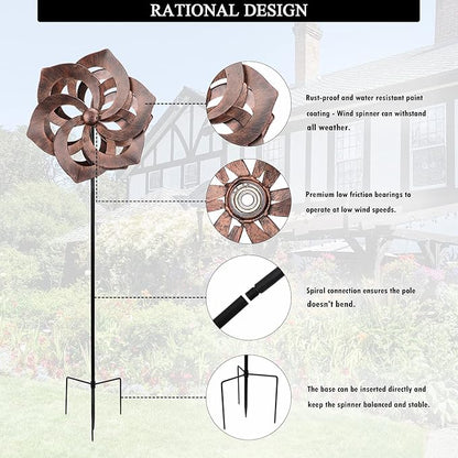 WONDER GARDEN Wind Spinner - Wind Spinners Outdoor, Outdoor Metal Windmills, 4.4 Ft Retro Brown Wind Sculptures Spinner Lawn Ornaments Wind Spinner for Yard, Lawn and Garden