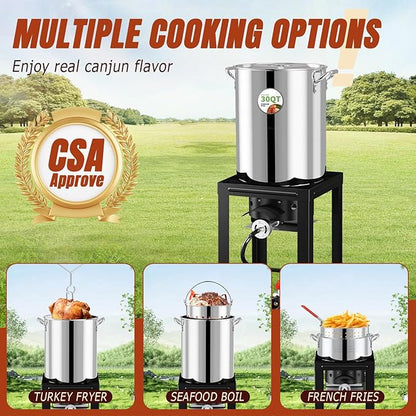 Stainless Steel Turkey Fryer Kit, 30QT Deep Pot & 10QT Fish Fryer, Waterproof Cover & 12-inch Skimmer, 55,000 BTUS Propane Burner Stove, Outdoor Deep Fryer, Crawfish Boiler with Basket