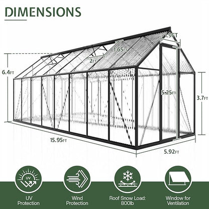Jocisland 6x16Ft Polycarbonate Greenhouses for Outdoors, 2 Top-Opening Windows, Swing Doors, Aluminum Walk-in Heavy Duty for Outdoor Use, Backyard Garden, Black
