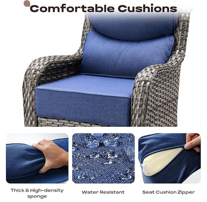 Rilyson Wicker Outdoor Patio Furniture Set - 5 Piece Patio Conversation Sets with Swivel Rocker Chairs, Ottomans and Side Table, 6 inch Cushions, Waterproof Wicker, for Porch Deck Mixed Grey/Blue