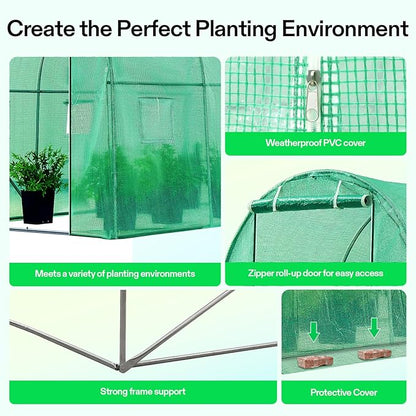 VIVOSUN 10x7x7 Ft. Large Walk in Greenhouse, Greenhouse Tunnel, Garden Plant Hot House with Green PE Cover, Roll-up Zipper Door and Window for Outdoor