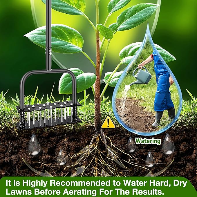 Manual Aerator Lawn Tool with Spring Base and 14 Steel Spike,Automatic Dirt and Leaf Clean,Grass Aerator for Loosening Soil in Yard, Gardan, Patio, Pre-Assembled Lawn Aerator Installation Kit