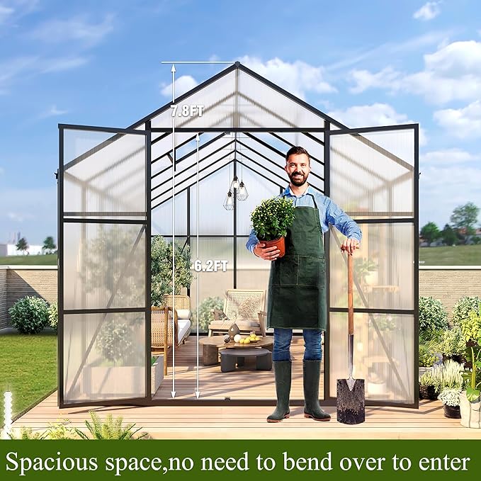 92in High 10*14FT Greenhouse for Outdoors,Polycarbonate Greenhouse with Stronger Wind Protection and Roof Vent,Walk-in Large Aluminum Sunroom Winter Proof,Black