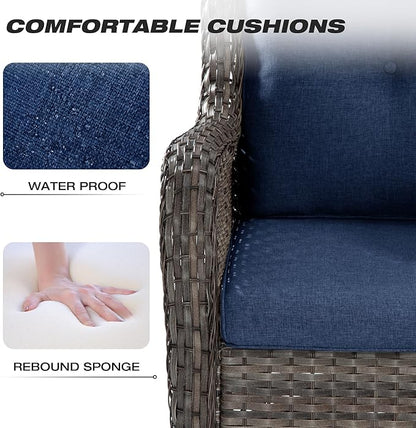 Joyside Wicker Patio Furniture Set 6 Piece Set with 1 Three-Seat Sofa, 2 Swivel Rocker Chairs, 2 Ottomans and 1 Side Table, Outdoor Furniture Patio Conversation Sets(Mixed Grey/Blue)