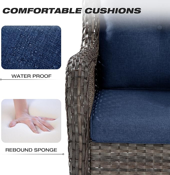 Joyside Patio Furniture Set 6 Pieces - Outdoor Rattan Furniture Set with 2 Armchairs, 2 Couch and 2 Ottomans, Olefin Cushions Included(Mixed Grey/Blue)