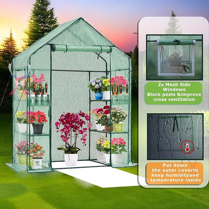 Walk-in Greenhouse 3 Tiers 6 Shelves Roll-Up Zipper Door -28x56x76 inch PE Greenhouse Cover for Outdoor Plant Gardening Plants Cold Frost Protection Wind Rain Proof(PLGHW001G-N)