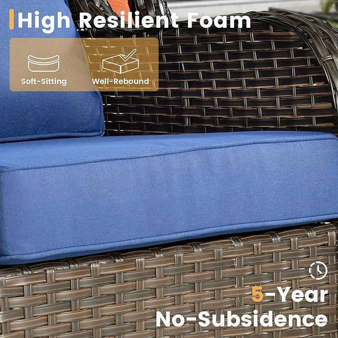 HOOOWOOO Patio Furniture Set,5 Piece Outdoor Furniture Set,Wicker Patio Conversation Couch Chairs Ottoman Set,Navy Blue