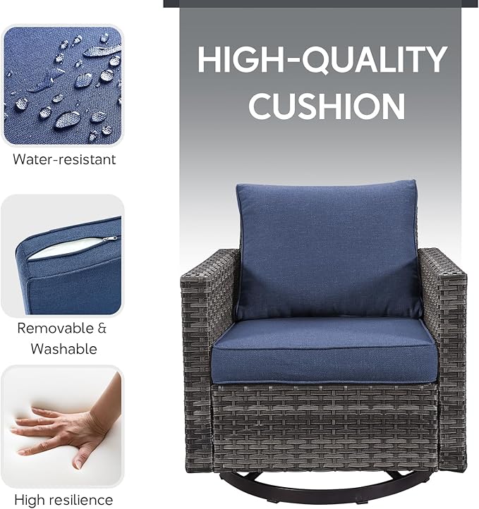Outdoor Swivel Rocker Chairs Set of 4 with Fire Pit Table - 5 Peice Wicker Patio Furniture Set Conversation Set with 50,000 BTU Fire Pit for Deck Backyard - Grey Wicker Blue Cushion