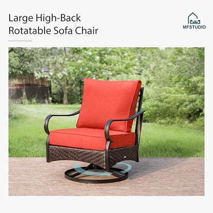 MFSTUDIO 4 Pieces Outdoor Patio Furniture Set, Metal Outdoor Conversation Set, Rattan Wicker Patio Sectional Sofa Set with 2 x Swivel Single Sofa, 2-Seat Sofa, 1 x Coffee Table, Red
