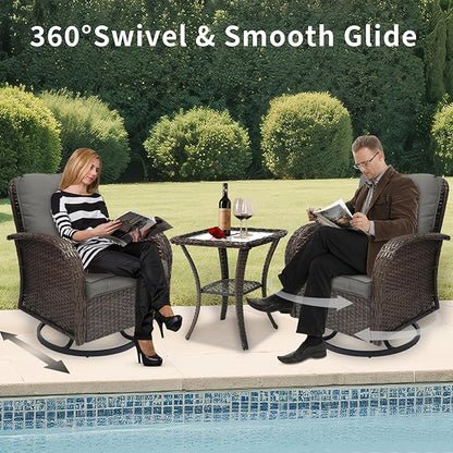 3 Pieces Patio Furniture Set, Outdoor Swivel Rocking Chair Set of 2 with Side Table - 360° Swivel, Thick Cushions, All-Weather Bistro Set for Deck, Porch, Pool (Grey, Brown Full-Weave Rattan)