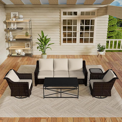 Vista Vibe 5 Pieces Outdoor Rattan Patio Conversation Furniture Set - 78" 3-Seat Sofa | 2 Swivel Glider Rocker Chairs | Wicker End Table | Metal Table, Upholstered Loveseat, Deck (Brown/Beige)