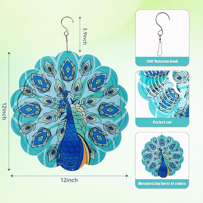 Peacock Wind Spinner Outdoor,12 inch 3D Sublimation Wind Spinners Hanging Wind Spinners Decor for Patios, Lawns, and Balconies