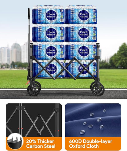Wagon Carts Foldable, 180L Collapsible Foldable Wagon with 330lbs Weight Capacity, Heavy Duty Utility Cart with Drink Holders and Brakes for Beach Camping Shopping Sports Wheelbarrows, Blue
