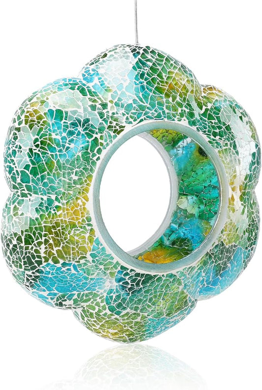 Yinns 9 Inch Large Mosaic Bird Feeders for Outside Hanging Fly Through Bird Feeder with Flower Shape Glass Birdfeeder for Garden Decor