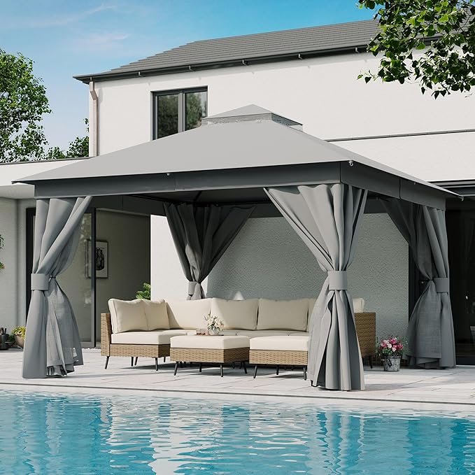 LAUSAINT HOME Outdoor Patio Gazebo 12'x12' with Expansion Bolts, Heavy Duty Party Tent & Shelter with Double Roofs, Mosquito Nettings and Privacy Screens for Backyard, Garden, Lawn, Smoke Grey