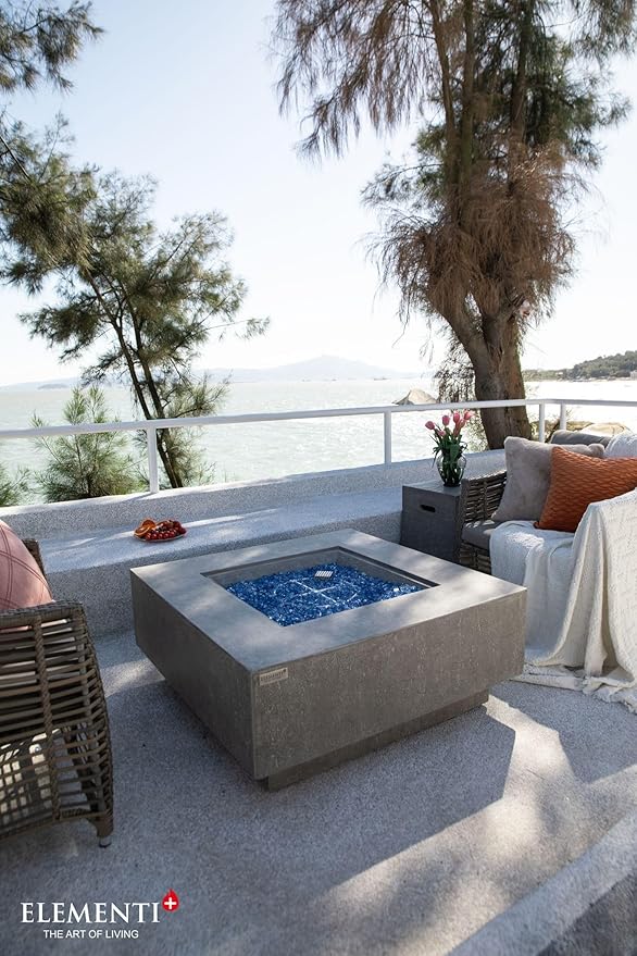 Elementi+ | Victoria Gas Fire Pit Cast Concrete 40" Square Fire Table, Outdoor Fire Pit Electronic Ignition | Canvas Cover, Fire Glass and Burner Lid Included | Light Gray | Natural Gas