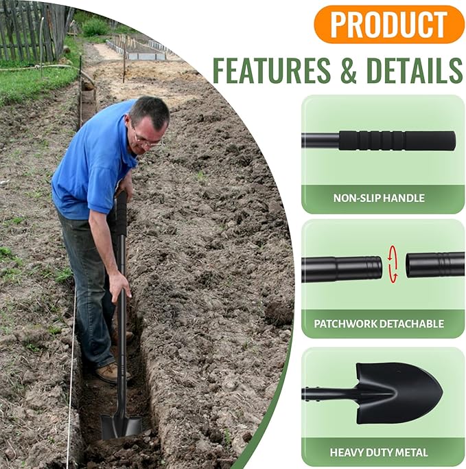 Small Shovels for Digging, Garden Spade Shovel Beach Shovels with 43.3in Handle,Heavy Duty Portable Metal Shovel for Gardening Camping Trenching Digging Landscaping,Off-Road Use, Black