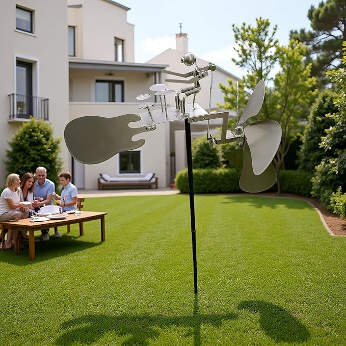 Handmade Metal Drummer Rock Band Windmill, Wind Powered Kinetic Sculpture, Garden Outdoor Wind Mill Spinner for Yard Lawn Garden Patio Rockin Art Figurine Decor (Silver)