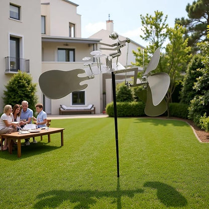 Handmade Metal Drummer Rock Band Windmill, Wind Powered Kinetic Sculpture, Garden Outdoor Wind Mill Spinner for Yard Lawn Garden Patio Rockin Art Figurine Decor (Silver)