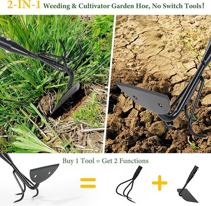 Garden Hoe - Heavy Duty 2 in 1 Hoe Garden Tool with Cultivator Claw Rake,75 Inch Long Handle Hoes for Weeding,Loosening Soil,Hand Weeder Tools for Indoor Outdoor Gardening,Planting,Cultivating,Digging