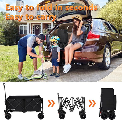 42" L Collapsible Foldable Wagon, 500LB Weight Capacity with 220L Heavy Duty Folding Cart,Utility Wagon with Big All-Terrain Beach Wheel, Drink Holders and 2 Bungee Cords,Black