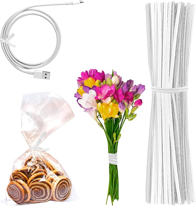 APQ White Metallic Twist Ties for Bags, 4 inches. 24000 Pack Plastic-Coated Bread Twist Ties for Treat Bags. Reusable Bread Ties. Light Metallic Twist Tie. Heavy-Duty Twisty Ties for Bags