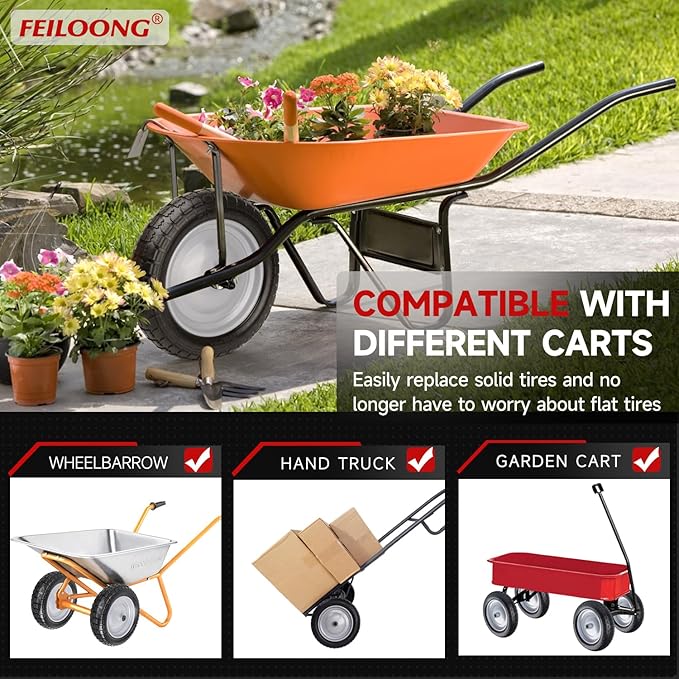 4.80/4.00-8 Tire and Wheel, 14.5" Flat Free Wheelbarrow Tire, 5/8" 3/4" Bearings Universal Solid Replacement Tires, 3" -7" Centered Hub for Hand Truck, Garden Cart, Includes Spacer Kit