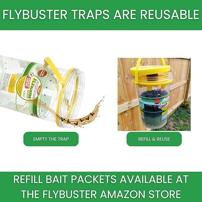 Flybuster Fly Trap | Outdoor Device for Catching Flies | 1-Liter Compact Size | Comes with One Flytrap and 1 Bait Packet | 10,000 Fly Capacity | Non-Toxic | Child & Pet Safe