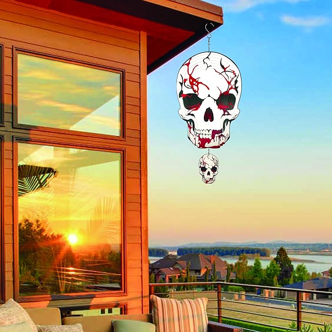 Skull Wind Spinner Halloween Decor 12inch Stainless Steel Garden Wind Spinner Outdoor 3D Kinetic Hanging Wind Sculptures Metal Yard Art Unique Gift Home Decorations