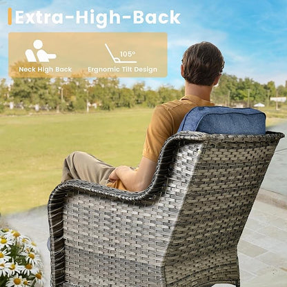 HOOOWOOO Patio Outdoor Furniture with Fire Pit Table,High Back 6 Piece Wicker Patio Conversation Set with Swivel Chairs,7 Person Couch Sofa Seating,Denim Blue