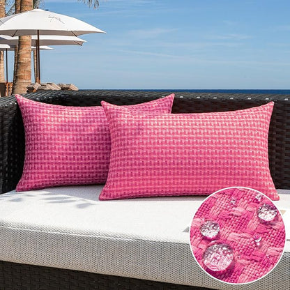 Kevin Textile Outdoor Waterproof Throw Pillow Covers Pack of 2 Valentines Day Farmhouse Decorative Cushion Covers for Garden Patio Tent Balcony Bench Couch Sofa 12x20 Inch, Hot Pink