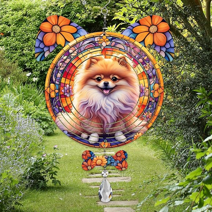Pomeranian Dog Ears Wind Spinner, Pomeranian Wind Spinner Hanging for Yard and Garden V02