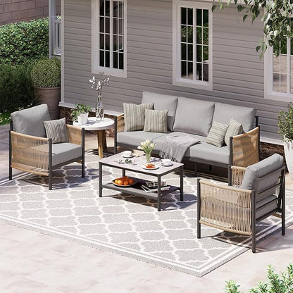 Aluminum Outdoor Patio Furniture Set, HDPE Rope 4 Piece Modern Sectional Conversation Sets with Dual-Layer Coffee Table, All Weather Patio Couch Sets with Thick Cushions, Gray Frame, Gray