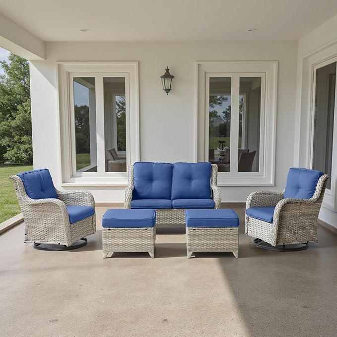 Patio Chairs Set, 5 PCS Furniture with Loveseat, Swivel Rocker Patio Chairs and 2 Wicker Ottoman, Light Grey / Blue, Casual/Tropical Style