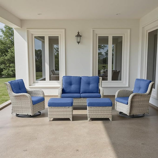 Patio Chairs Set, 5 PCS Furniture with Loveseat, Swivel Rocker Patio Chairs and 2 Wicker Ottoman, Light Grey / Blue, Casual/Tropical Style