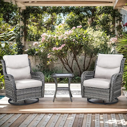 Patio Swivel Chairs with Smile-Shaped Cushions, 3 Piece High Back Patio Swivel Glider Chairs with Side Table 3PCS PE Rattan Luxury Swivel Patio Chairs Set Grey Wicker | Beige Cushions