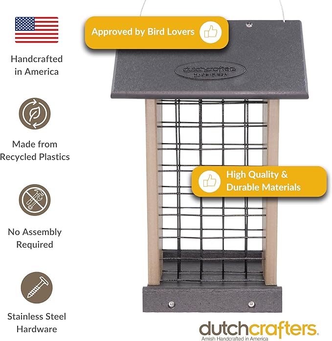 DutchCrafters Plastic Poly Hanging Whole Peanut Bird Feeder for Large Birds, Woodpeckers, Crows, Blue Jays for Outdoor, Garden, Yard - USA Amish Made (Black & Weatherwood)